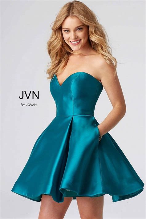 Teal Strapless Fit And Flare Short Dress With Pockets Fit And Flare Cocktail Dress Jovani