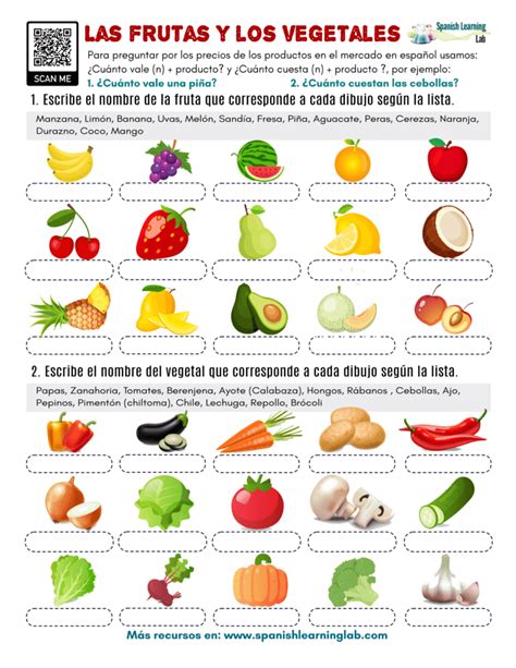 Frutas Y Vegetales En Espa Ol Ejercicios En Pdf Spanish Learning Lab