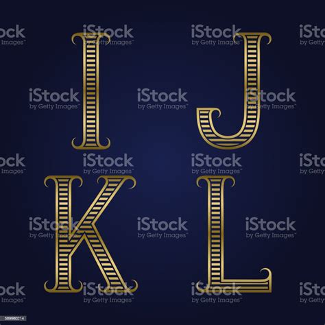 I J K L Golden Ribbed Letters With Flourishes Stock Illustration
