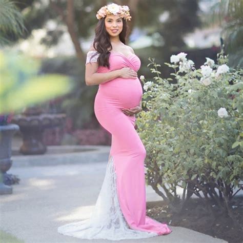 Womail Women Pregnant Off Shoulder Summer Dress Lace Patchwork Elastic Photography Props Nursing