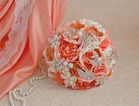 Brooch Bouquet Coral Ivory And Gold Wedding Brooch Bouquet Jeweled