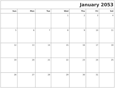 January 2053 Printable Blank Calendar