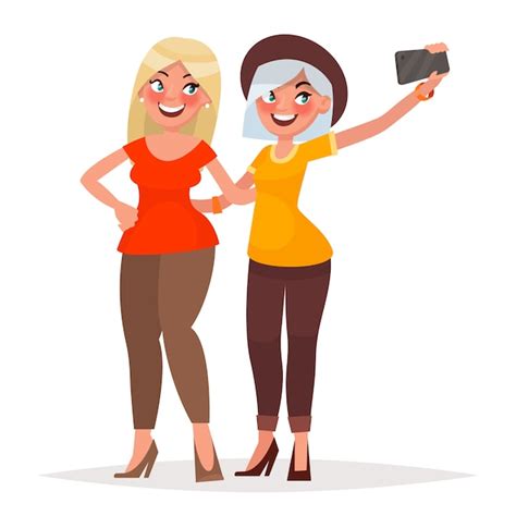 Duas lindas meninas fazendo selfie ilustração vetorial no estilo