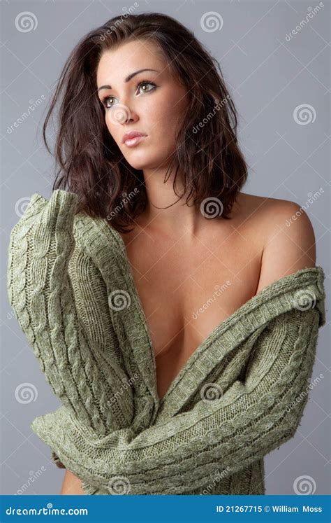 Woman In Open Sweater With Nothing Underneath Stock Image Image Of Brunette Revealing 21267715