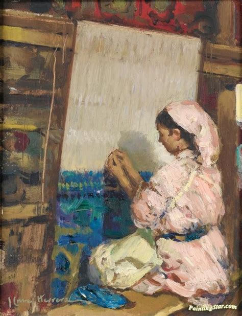 An Oil Painting Of A Woman Knitting In Front Of A Easel With Yarn On It