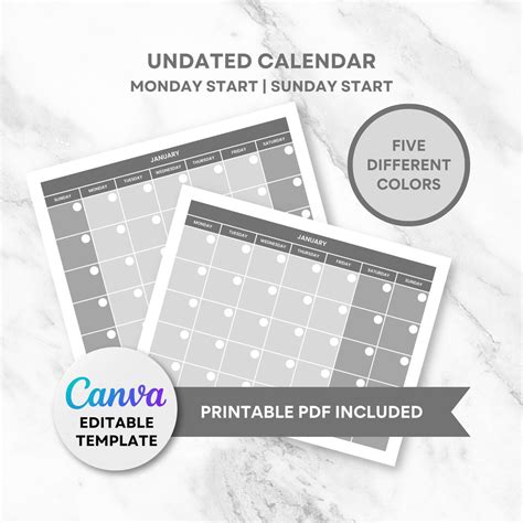 Undated Monthly Calendar In Letter Sized Printable Landscape Template