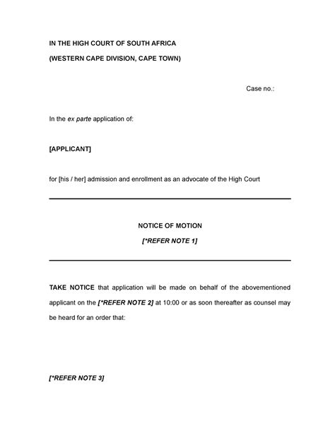 Advocate Admission Template Notice Of Motion And Affidavits In The High Court Of South