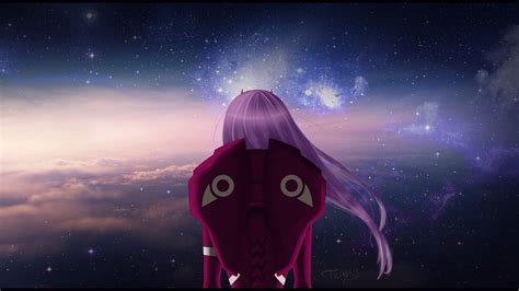 Darling In The Franxx Zero Two Back View With Background Of Stars