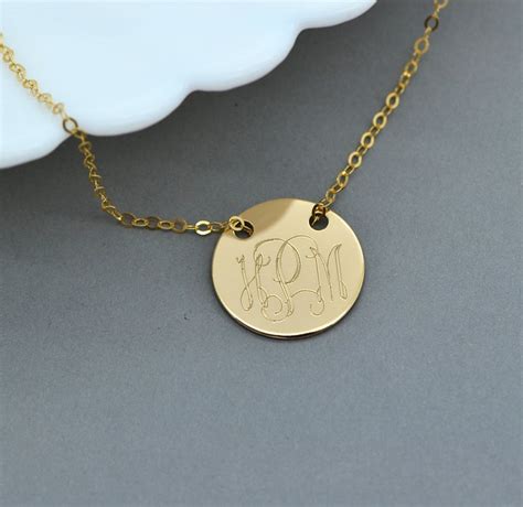 Gold Monogram Necklace Engraved Disc Necklace Personalized Etsy