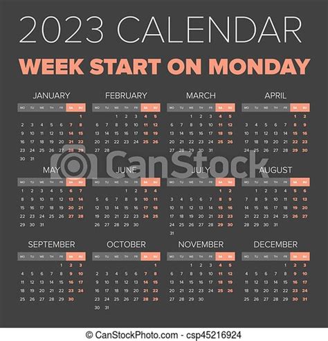 Simple 2023 Year Calendar Week Starts On Monday Canstock