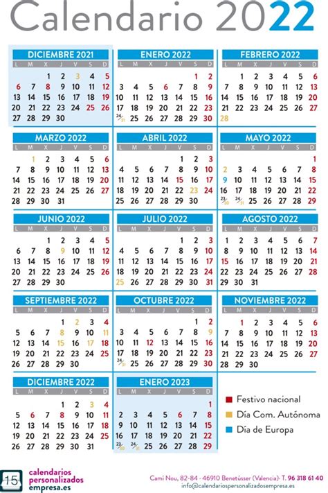 Calendario 2022 Anual Con Días Festivos De España