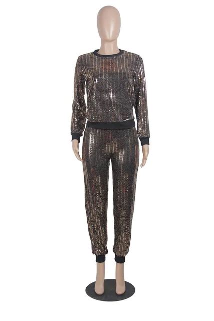 Two Piece Sets Glitter Set Sexy Women Sequin Tops Long Sleeve Long Pants Set In Womens Sets