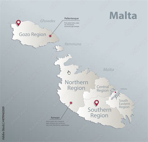 Malta Regions Map With Names Blue White Card Paper 3d Vector Stock