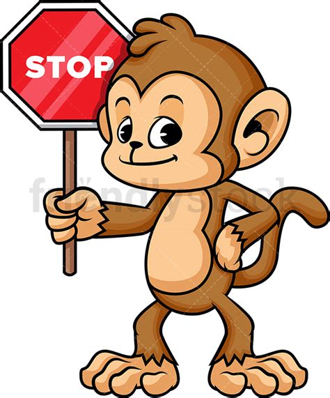 Monkey Holding Stop Sign Cartoon Vector Clipart