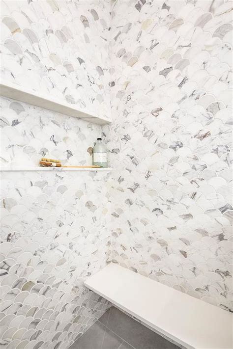 Calacatta marble waterproof wall panels are from the linda barker collection and have a marble finish and are. Calacatta Marble Scalloped Shower Tiles - Transitional ...