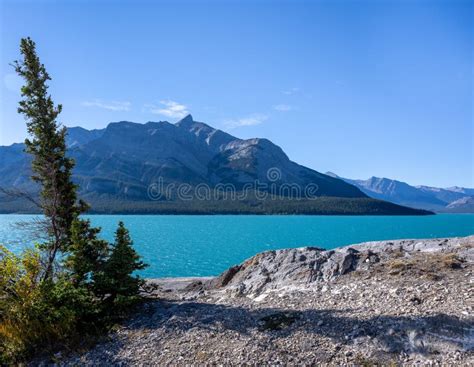 View Of The Scenic Abraham Lake And Mountains In Alberta Canada Stock