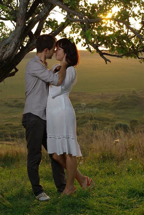 Two Sweethearts Kissing Under Tree At Sunset Stock Image Image 36337359