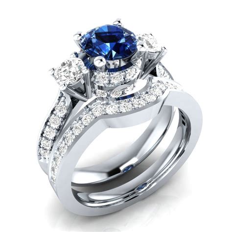 2 25ct Real Blue Sapphire Natural Diamond 10K White Gold Bridal Ring Set