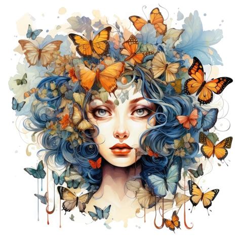Premium Ai Image A Woman With Blue Hair And Orange Butterflies