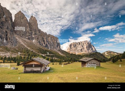 Huts At Grödner Joch Langkofel At The Back Passo Gardena Val Gardena