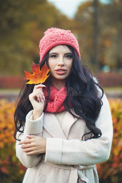 Attractive Woman With Autumn Maple Leaf Outdoors Stock Image Image Of