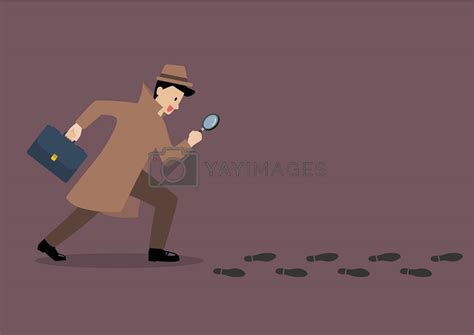 Detective Investigate Is Following Footprints With Magnifying Glass By