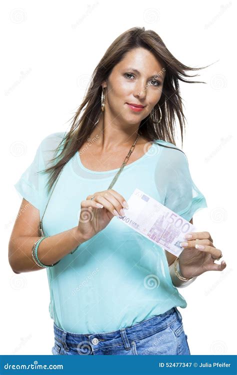 Smiling Attractive Woman Holding 500 Euro Bill Stock Image Image Of