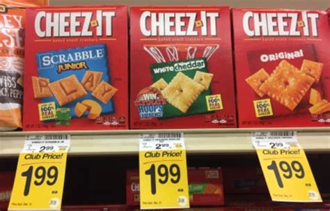 Approximately 26 by 24 millimetres (1.0 by 0.94 in), the rectangular crackers are made with wheat flour, vegetable oil, cheese made with skim milk, salt, and spices. Cheez It Coupon - $1.49, Save up to 69% - Super Safeway