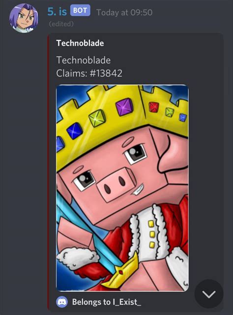 So I Got Technoblade On The Mudae Bot On Discord Tommyinnit