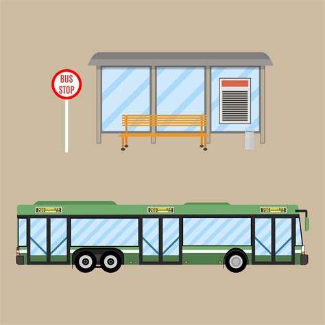 Bus Stop With Seats And Green City Bus Vector Illustration In Flat