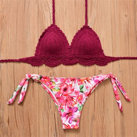 Beach Halter String Crochet Bikini Set Thong Push Up Swimwear Women Swimsuit 2019 Swim Bathing