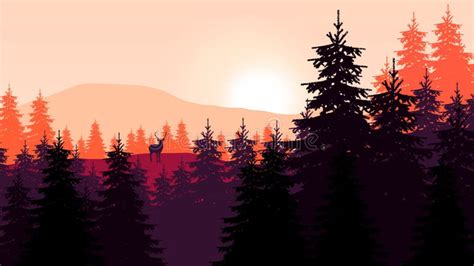 Flat Illustration Mountain Sunset Landscape Realistic Pine Forest And