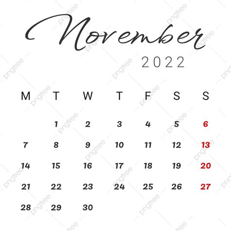 Calendário De Novembro De 2022 Simples E Minimalista Png Calendário