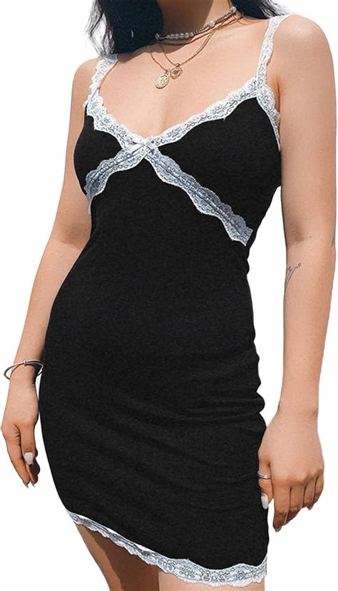Yishengp Women Y2k Patchwork Mini Dress Lace Spaghetti Strap Camisole
