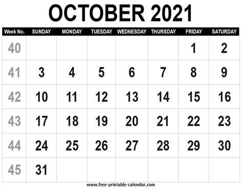 Printable Monthly Calendar October 2021 Calendar Printables Free