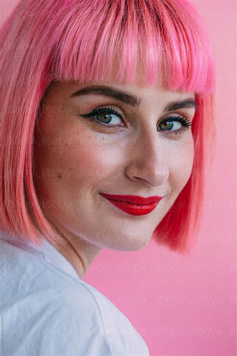 Smiling Woman With Pink Hairs By Liliya Rodnikova