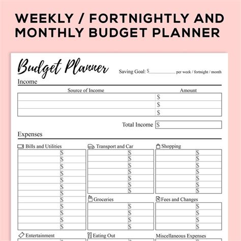 Printable Budget Planner For Weekly Fortnightly And Monthly Use