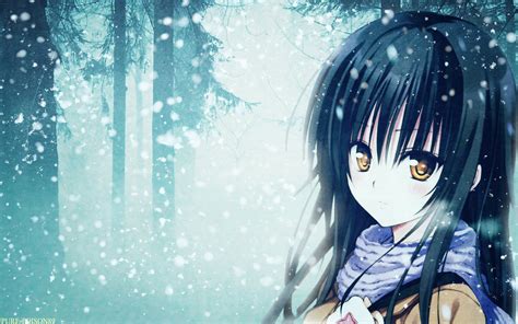 Anime Blue Girl Sad Snow Long Hair Tree Forest