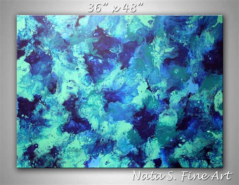 Large Original Abstract Canvas Art Blue Turquoise Painting Etsy In
