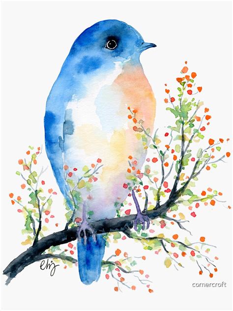 Watercolor Blue Bird On Berry Branch Sticker For Sale By Cornercroft