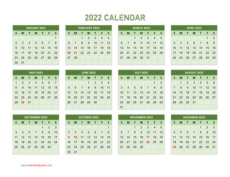 Yearly Calendar 2022 Calendar Quickly