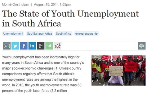 Unemployment takes place when people have no jobs and we can see above article that the percentage of labor force and unemployment rate of 2014 is less the causes of unemployment is high population growth, lack of workforce information and business cycle. The State of Youth Unemployment in South Africa ...