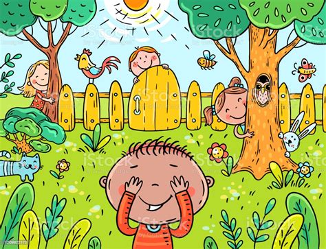 Cartoon Children Playing Hide And Seek In The Garden Stock