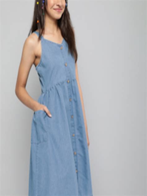 Buy Justice Girls Blue Solid Denim Cotton Fit And Flare Dress With Oversized Pockets Dresses For