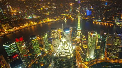 Shanghai At Night Time Lapse Aerial View Of High Rise Buildings With