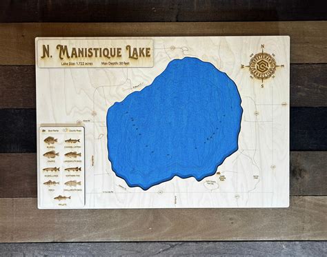 Manistique North Aka Round Lake Wood Engraved Lake Map