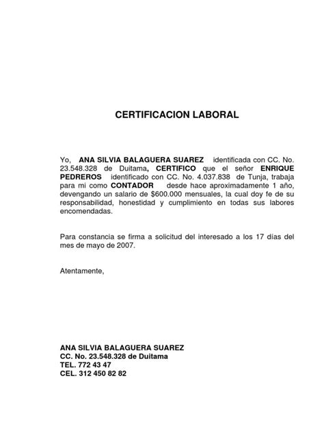 Carta De Certificacion Laboral Ejemplo Fiador