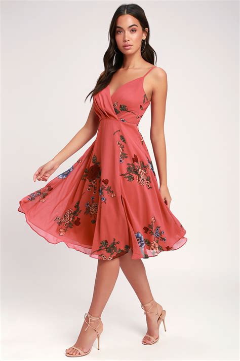 Cute Floral Dress Rusty Rose Dress Midi Dress Skater Dress Lulus