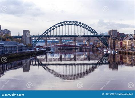 Tyne Bridge Mirrored In The River Tyne Newcastle Uk With Swing Queen