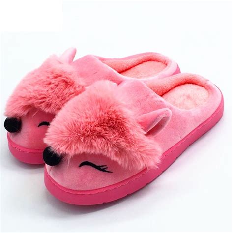 Lovely Women Cute Soft Fox Pink Home Slippers Cartoon Fluffy Close Toe
